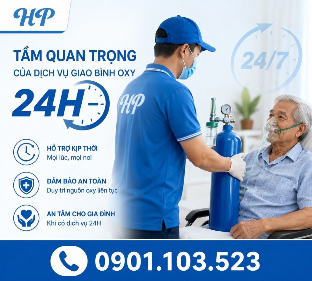 Nhân viên Hưng Phát 24H giao và lắp bình oxy tận nhà cho bệnh nhân