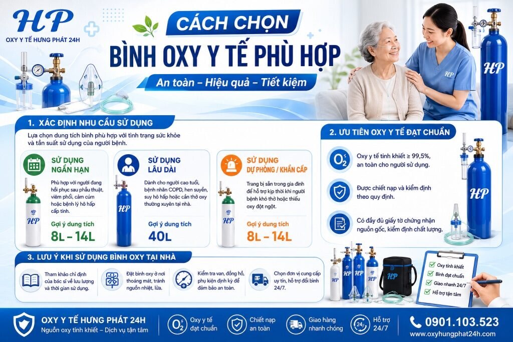 Bảng gợi ý chọn dung tích bình oxy y tế theo nhu cầu sử dụng