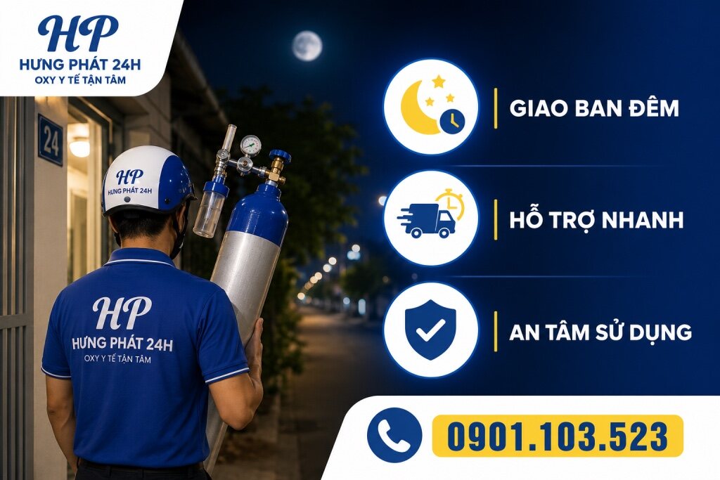 Nhân viên Hưng Phát 24H mang bình oxy giao ban đêm tại TP.HCM