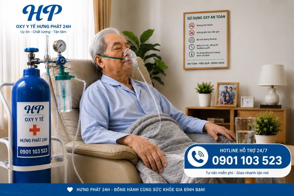 Người cao tuổi thở oxy tại nhà bên bình oxy y tế Hưng Phát 24H